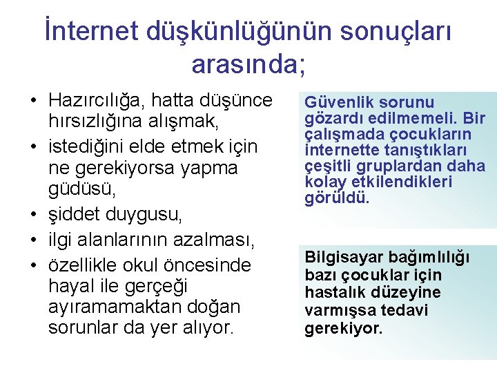 İnternet düşkünlüğünün sonuçları arasında; • Hazırcılığa, hatta düşünce hırsızlığına alışmak, • istediğini elde etmek