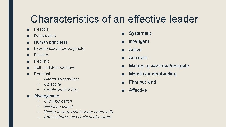 Characteristics of an effective leader ■ Reliable ■ Dependable ■ Systematic ■ Human principles