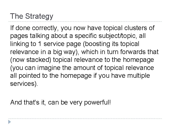 The Strategy If done correctly, you now have topical clusters of pages talking about