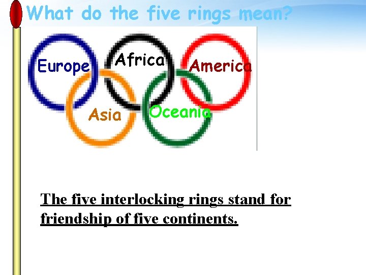 What do the five rings mean? Europe Africa Asia America Oceania The five interlocking