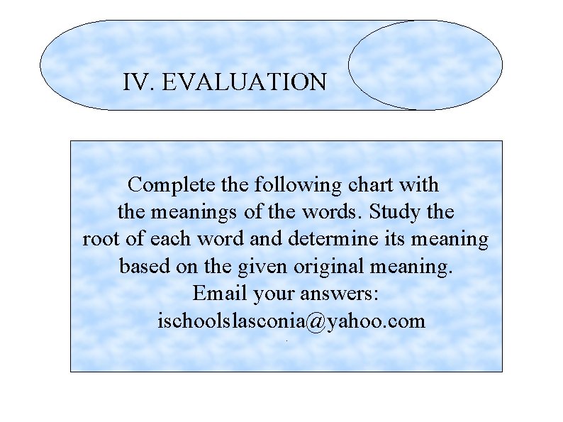 IV. EVALUATION Complete the following chart with the meanings of the words. Study the