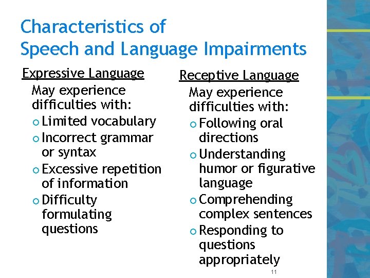 Characteristics of Speech and Language Impairments Expressive Language May experience difficulties with: Limited vocabulary