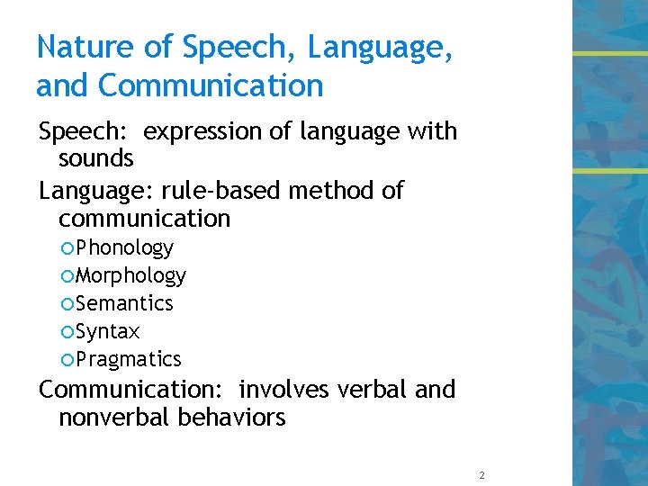 Nature of Speech, Language, and Communication Speech: expression of language with sounds Language: rule-based