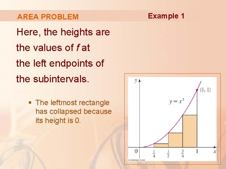 AREA PROBLEM Here, the heights are the values of f at the left endpoints