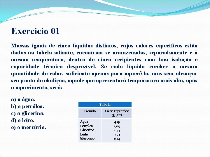 Exercício 01 Massas iguais de cinco líquidos distintos, cujos calores específicos estão dados na