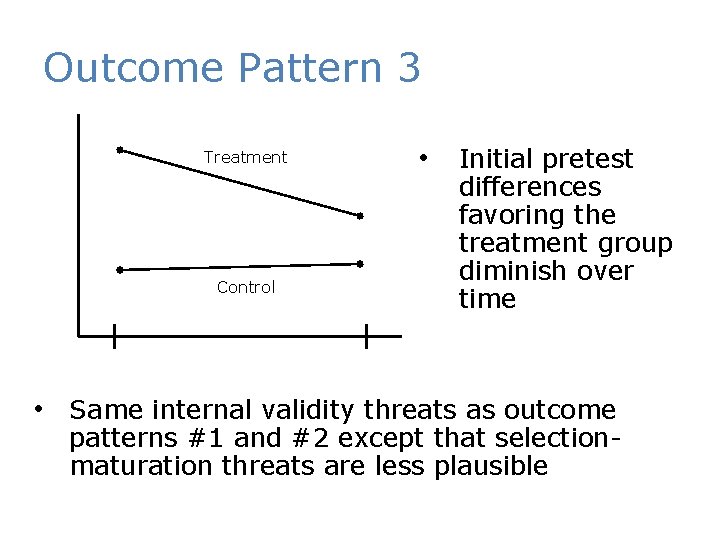 Outcome Pattern 3 Treatment Control • Initial pretest differences favoring the treatment group diminish