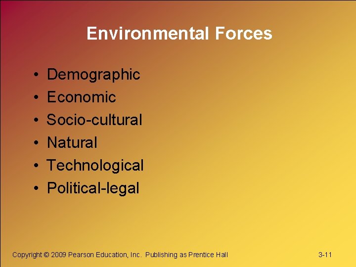 Environmental Forces • • • Demographic Economic Socio-cultural Natural Technological Political-legal Copyright © 2009