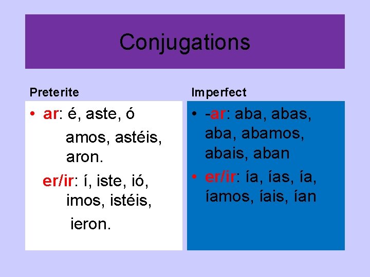 Conjugations Preterite Imperfect • ar: é, aste, ó amos, astéis, aron. er/ir: í, iste,