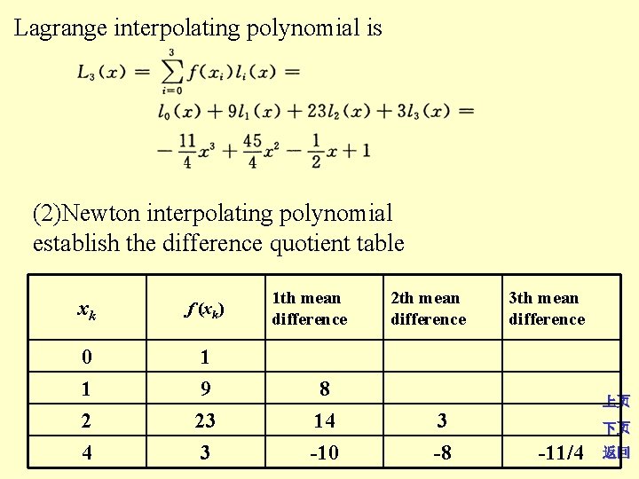 Lagrange interpolating polynomial is (2)Newton interpolating polynomial establish the difference quotient table 1 th