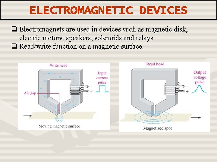 ELECTROMAGNETIC DEVICES q Electromagnets are used in devices such as magnetic disk, electric motors,