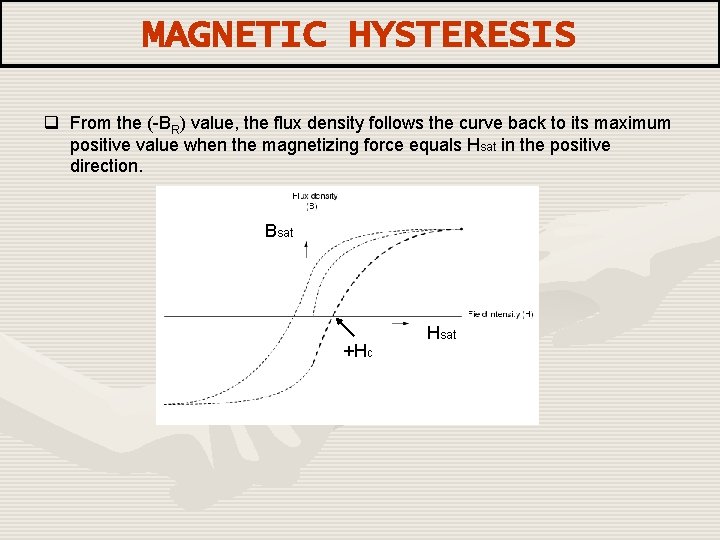 MAGNETIC HYSTERESIS q From the (-BR) value, the flux density follows the curve back