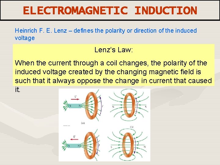 ELECTROMAGNETIC INDUCTION Heinrich F. E. Lenz – defines the polarity or direction of the