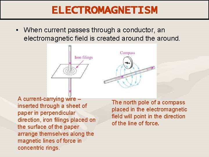 ELECTROMAGNETISM • When current passes through a conductor, an electromagnetic field is created around