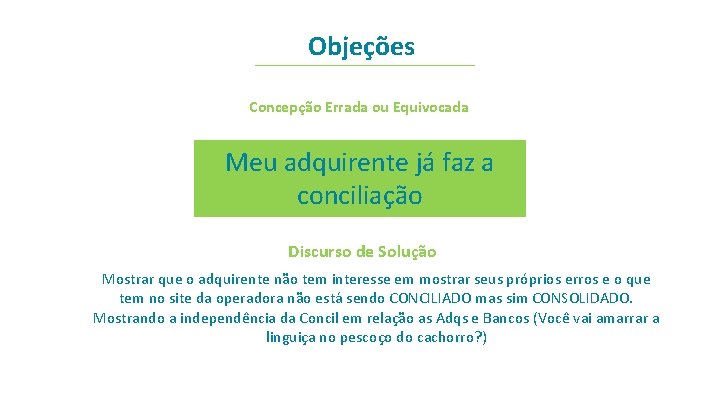 Objeções Concepção Errada ou Equivocada Meu adquirente já faz a conciliação Discurso de Solução