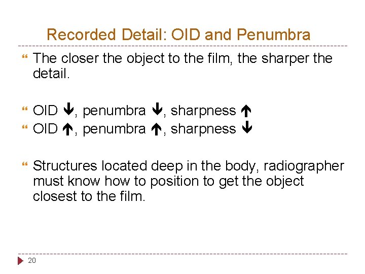 Recorded Detail: OID and Penumbra The closer the object to the film, the sharper