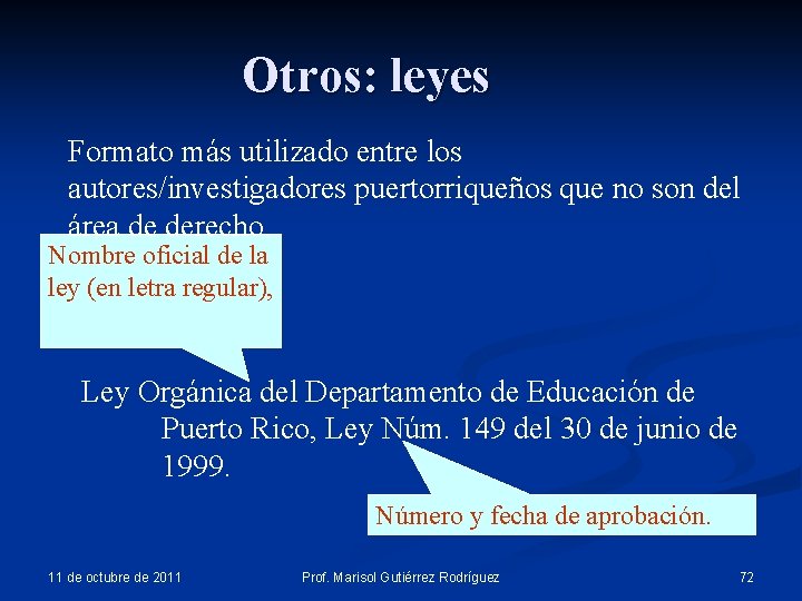 Otros: leyes Formato más utilizado entre los autores/investigadores puertorriqueños que no son del área Otros: leyes Formato más utilizado entre los autores/investigadores puertorriqueños que no son del área