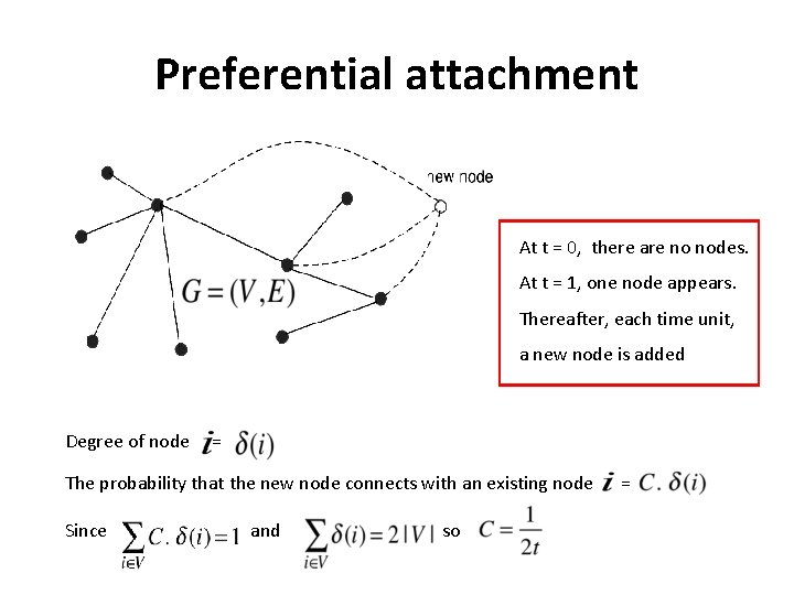 Preferential attachment At t = 0, there are no nodes. At t = 1,