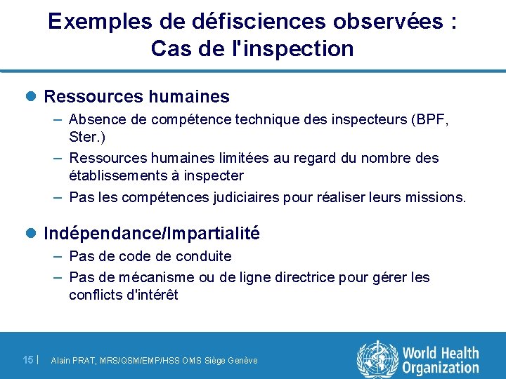 Exemples de défisciences observées : Cas de l'inspection l Ressources humaines – Absence de