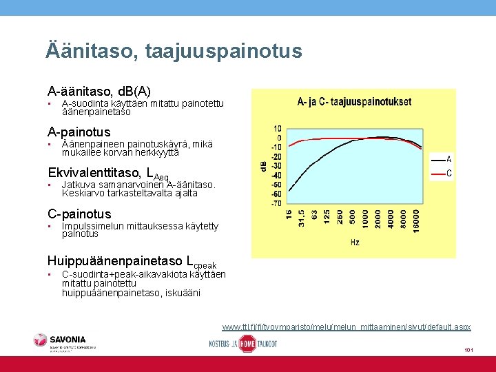 Äänitaso, taajuuspainotus A-äänitaso, d. B(A) • A-suodinta käyttäen mitattu painotettu äänenpainetaso A-painotus • Äänenpaineen