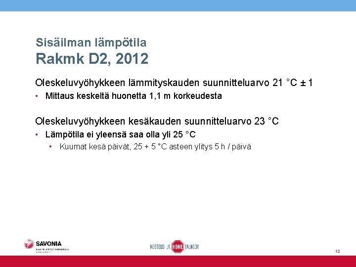 Sisäilman lämpötila Rakmk D 2, 2012 Oleskeluvyöhykkeen lämmityskauden suunnitteluarvo 21 °C ± 1 •