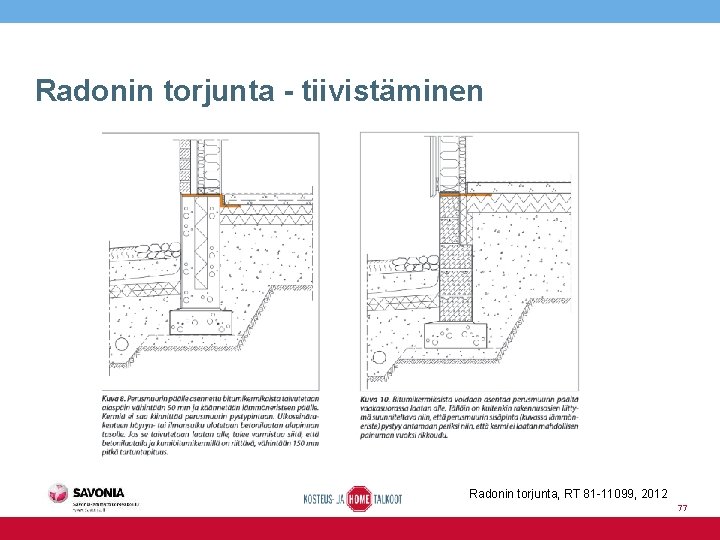 Radonin torjunta - tiivistäminen Radonin torjunta, RT 81 -11099, 2012 77 