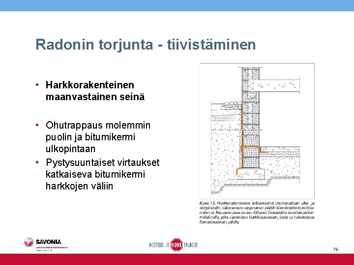 Radonin torjunta - tiivistäminen • Harkkorakenteinen maanvastainen seinä • Ohutrappaus molemmin puolin ja bitumikermi