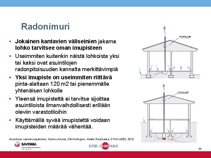 Radonimuri • Jokainen kantavien väliseinien jakama lohko tarvitsee oman imupisteen • Useimmiten kuitenkin näistä