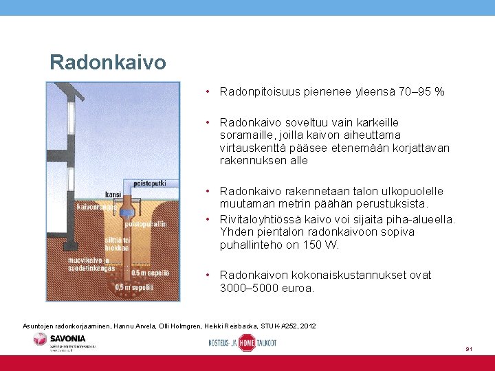 Radonkaivo • Radonpitoisuus pienenee yleensä 70– 95 % • Radonkaivo soveltuu vain karkeille soramaille,