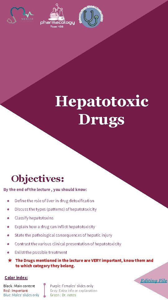 Hepatotoxic Drugs Objectives: By the end of the lecture , you should know: ●