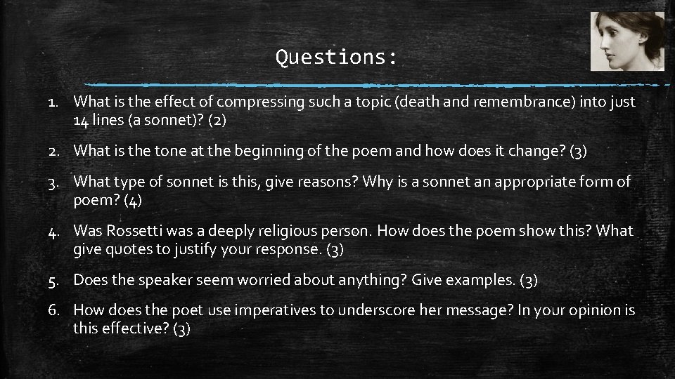 Questions: 1. What is the effect of compressing such a topic (death and remembrance)