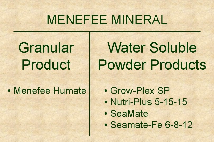 MENEFEE MINERAL Granular Product • Menefee Humate Water Soluble Powder Products • Grow-Plex SP
