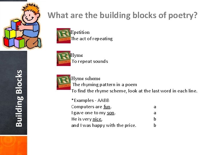 What are the building blocks of poetry? Epetition The act of repeating Building Blocks