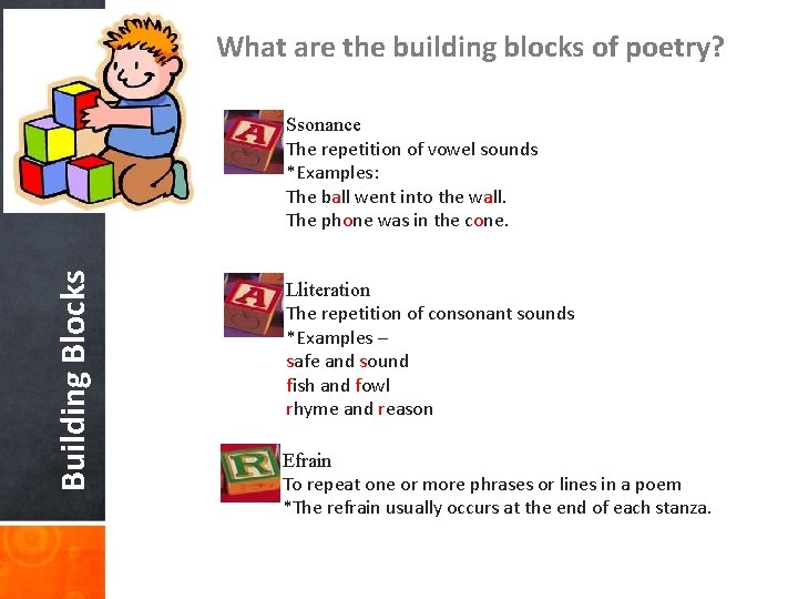 What are the building blocks of poetry? Building Blocks Ssonance The repetition of vowel