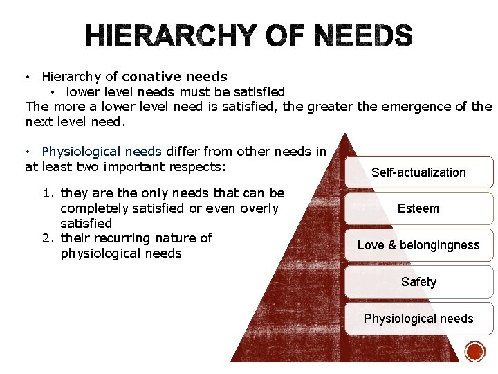  • Hierarchy of conative needs • lower level needs must be satisfied The