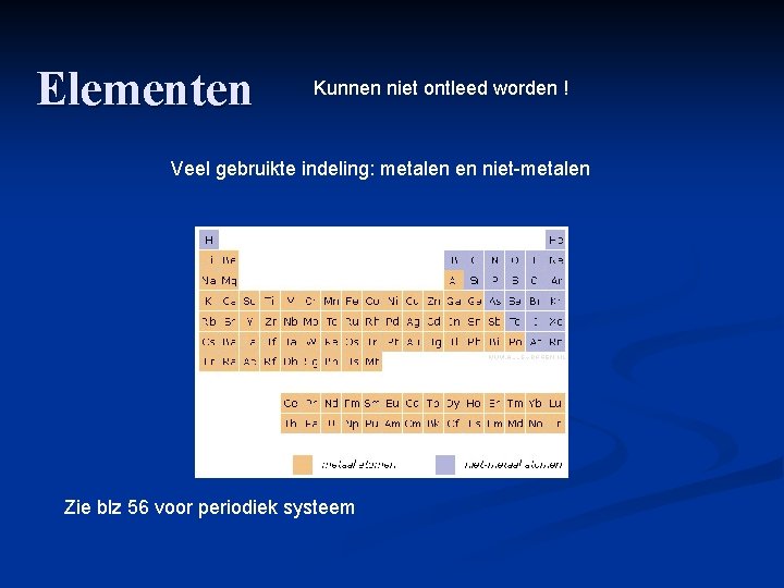 Elementen Kunnen niet ontleed worden ! Veel gebruikte indeling: metalen en niet-metalen Zie blz