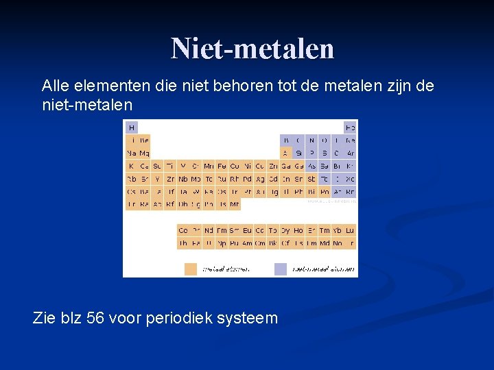 Niet-metalen Alle elementen die niet behoren tot de metalen zijn de niet-metalen Zie blz