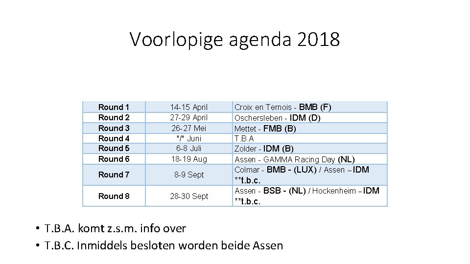 Voorlopige agenda 2018 Round 1 Round 2 Round 3 Round 4 Round 5 Round