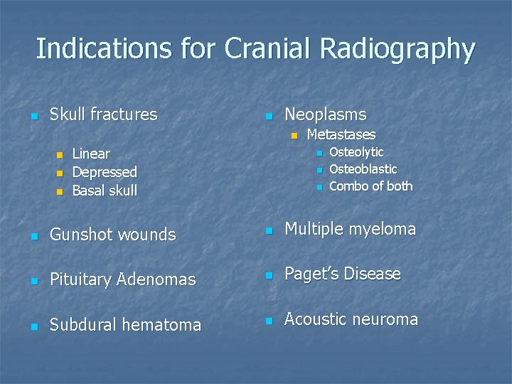 Indications for Cranial Radiography n Skull fractures n Neoplasms n n Linear Depressed Basal Indications for Cranial Radiography n Skull fractures n Neoplasms n n Linear Depressed Basal