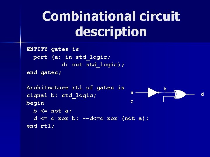 Combinational circuit description ENTITY gates is port (a: in std_logic; d: out std_logic); end