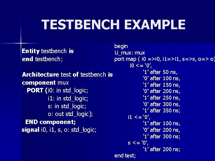 TESTBENCH EXAMPLE begin Entity testbench is U_mux: mux port map ( i 0 =>i