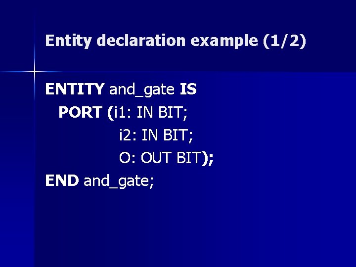 Entity declaration example (1/2) ENTITY and_gate IS PORT (i 1: IN BIT; i 2: