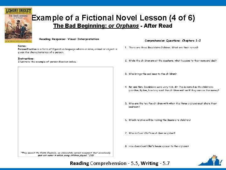 Example of a Fictional Novel Lesson (4 of 6) The Bad Beginning: or Orphans Example of a Fictional Novel Lesson (4 of 6) The Bad Beginning: or Orphans