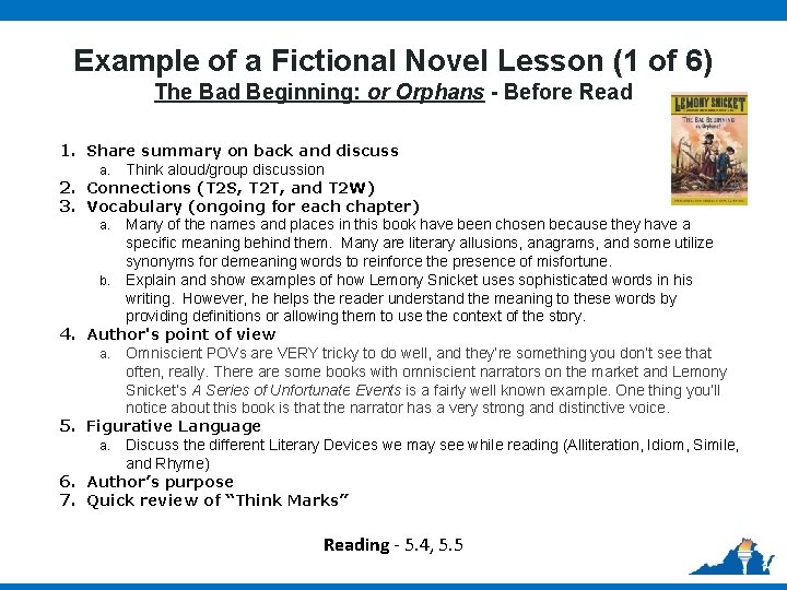 Example of a Fictional Novel Lesson (1 of 6) The Bad Beginning: or Orphans Example of a Fictional Novel Lesson (1 of 6) The Bad Beginning: or Orphans