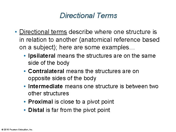 Directional Terms • Directional terms describe where one structure is in relation to another
