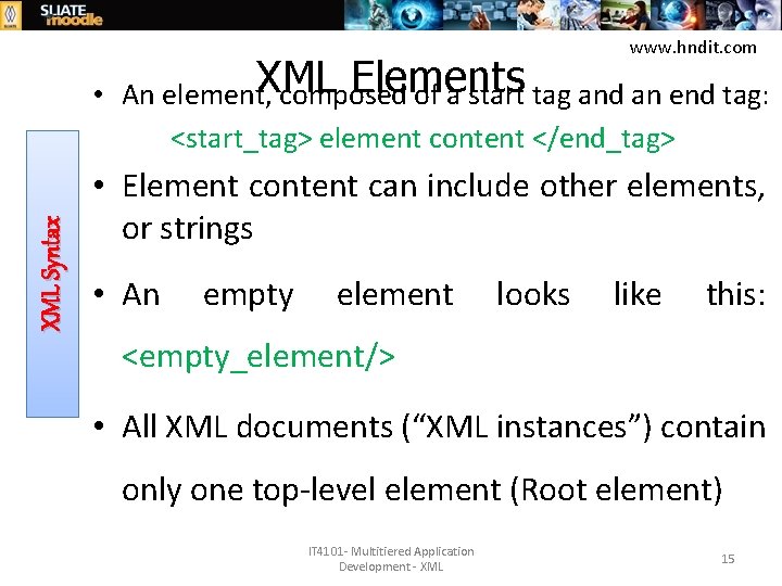 www. hndit. com XML Syntax XML Elements • An element, composed of a start