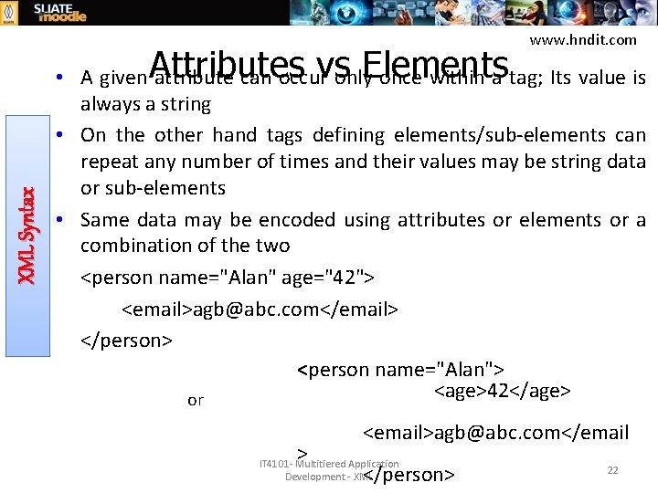 XML Syntax Attributes vs Elements www. hndit. com • A given attribute can occur