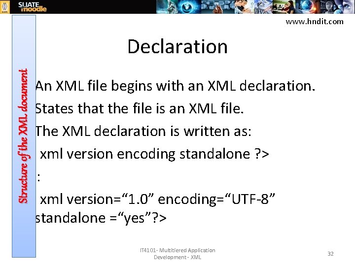 www. hndit. com Structure of the XML document Declaration • An XML file begins