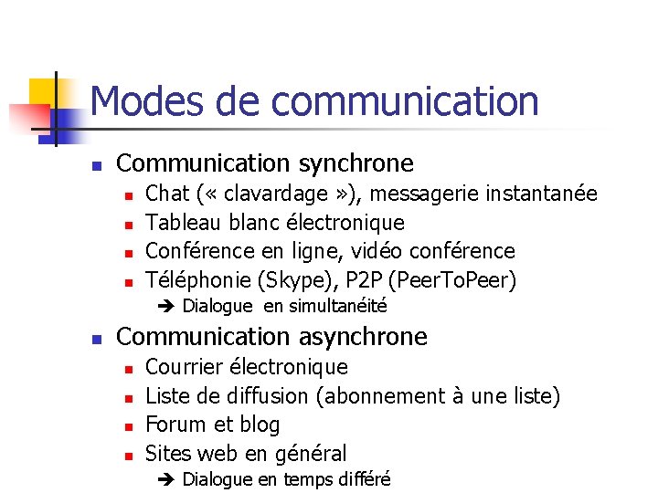 Modes de communication n Communication synchrone n n Chat ( « clavardage » ),