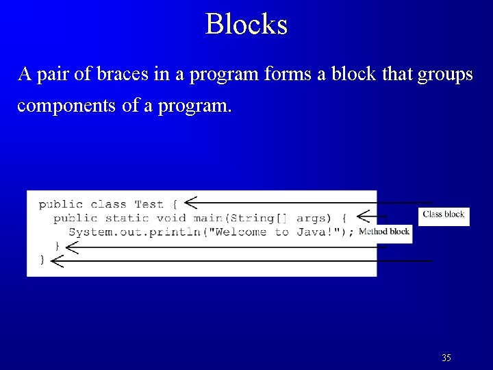 Blocks A pair of braces in a program forms a block that groups components