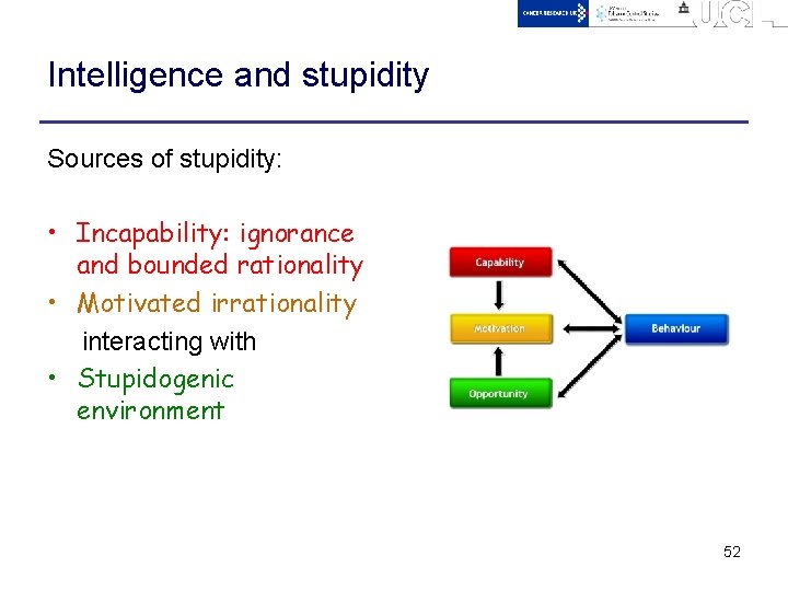 Intelligence and stupidity Sources of stupidity: • Incapability: ignorance and bounded rationality • Motivated